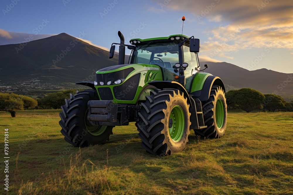 Obraz premium Farmer driving a modern tractor through a beautiful, sunlit field on a clear and bright day