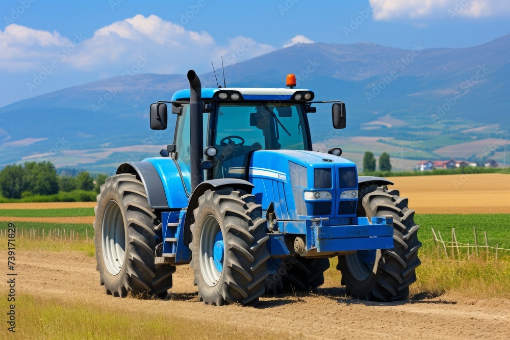 Obraz premium Modern farmer driving a tractor through a sunny and picturesque field on a clear and vibrant day