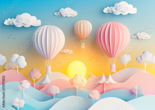 Sunny Day with Hot Air Balloons in Paper Art Style