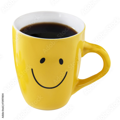 1 Yellow cup of coffee and smile isolated on white background photo