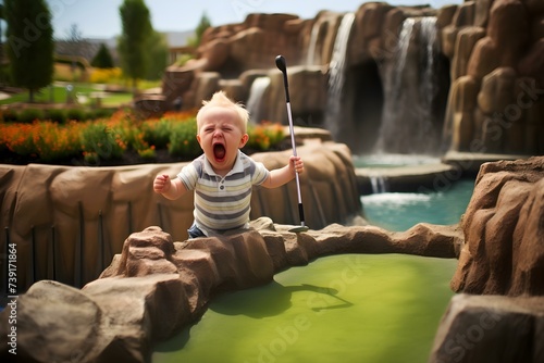 The baby is screaming in Miniature golf courses . Concept Family Activities, Outdoor Fun, Parenting Challenges, Toddler Tantrums photo