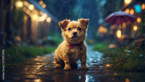One cute puppy in the rain in the fairy garden at night
