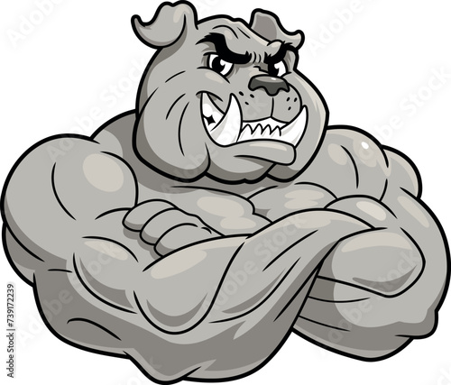 Cartoon illustration of Smiling muscular bulldog on white background