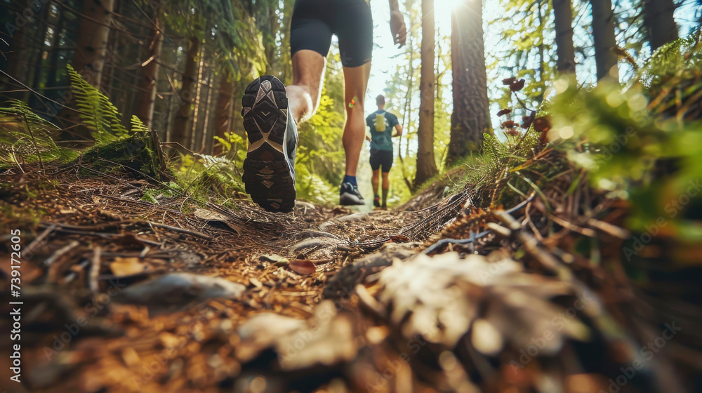 Trail running race through the forest in summer, closeup of runners foot in motion, sunlight in the background Trail running race through the forest in summer, closeup of runners foot in motion, sunlight in the background