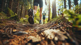 Trail running race through the forest in summer, closeup of runners foot in motion, sunlight in the background