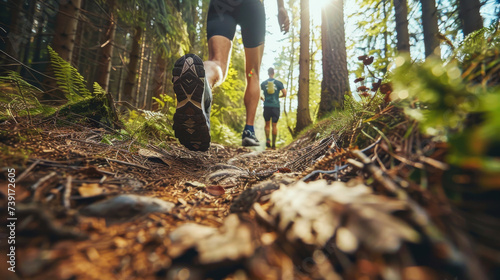 Trail running race through the forest in summer, closeup of runners foot in motion, sunlight in the background