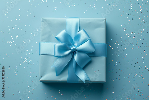 blue gift box with ribbon on a light blue background with a bokeh