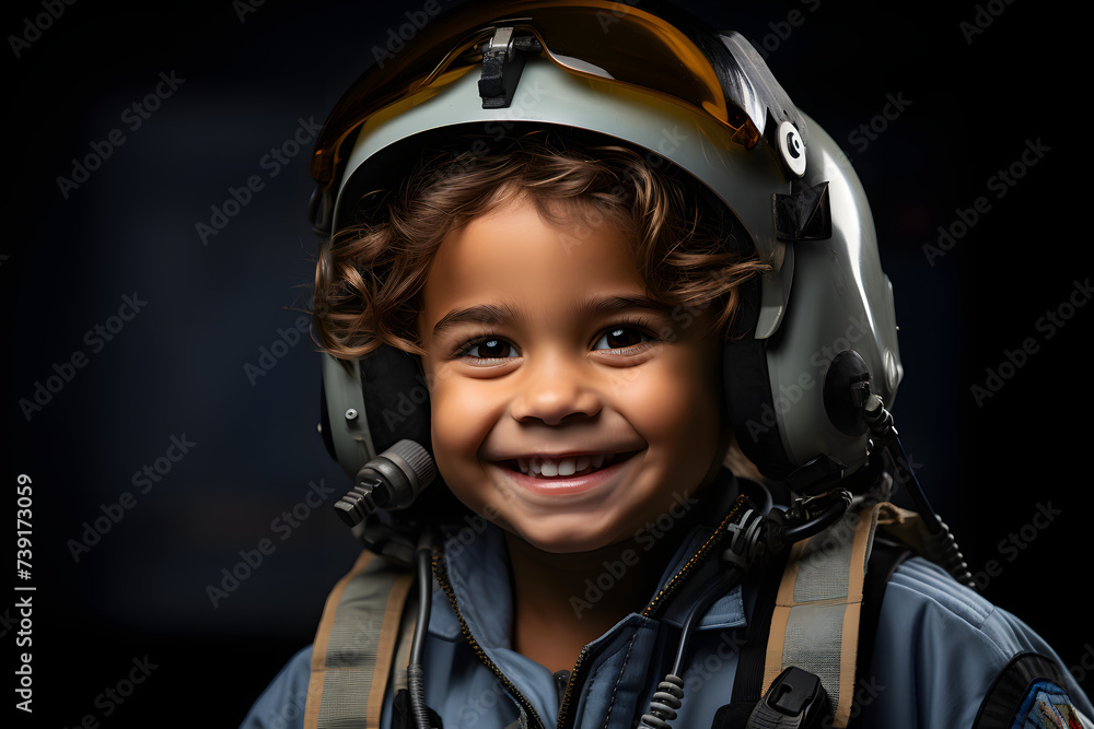 Cheerful kid in pilot's uniform smiling for the camera, isolated against a blue backdrop. Cheerful kid in pilot's uniform smiling for the camera, isolated against a blue backdrop.