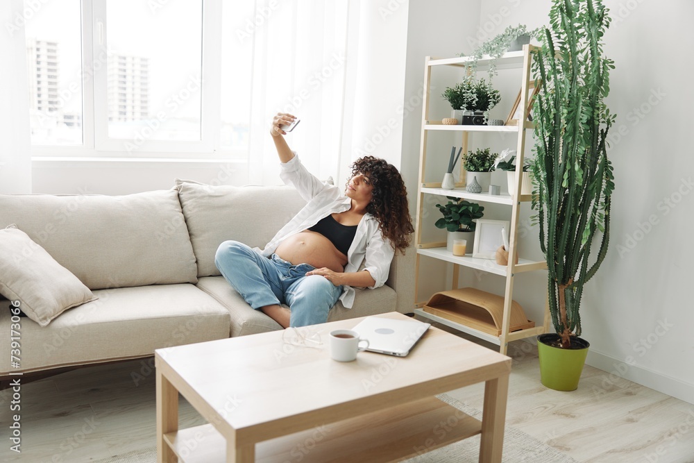 Pregnant woman blogger sits on the couch at home and takes pictures of herself on the phone, selfie and video call, consultation with the doctor online, pregnancy management Pregnant woman blogger sits on the couch at home and takes pictures of herself on the phone, selfie and video call, consultation with the doctor online, pregnancy management