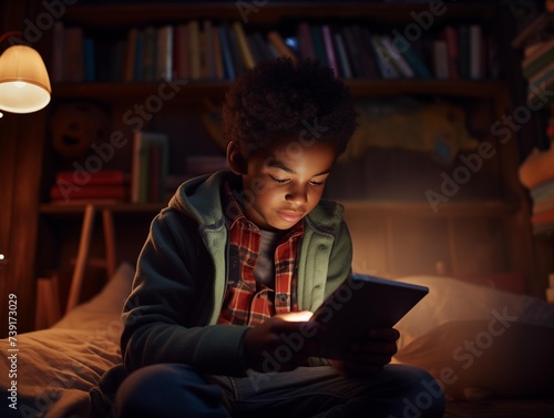 A boy reads on a tablet in his cozy room at night.