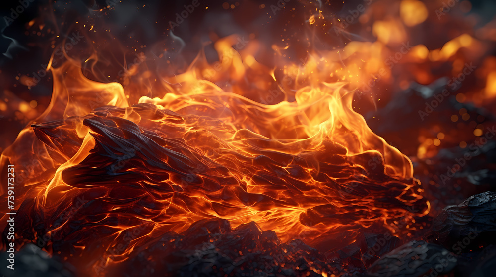 Abstract fire background with hot sparks rising from a fire in the night sky