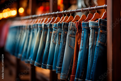 Closeup Of denim jackets in the store. Clothing store Denim. Secondhand. Сoncept Shopping. Secondhand Shopping. photo