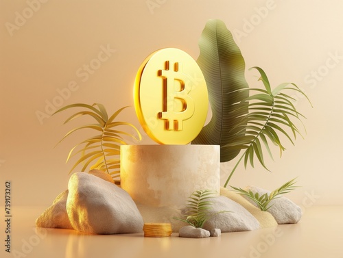 A 3D illustration of a bitcoin crypto currency on a podium next to a plant on light yellow background photo