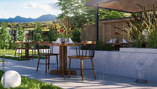 Outdoor Restaurant at a Shady Place with Great View at Mountines under Blue Sky and Sunshine - 3D Visualization photo