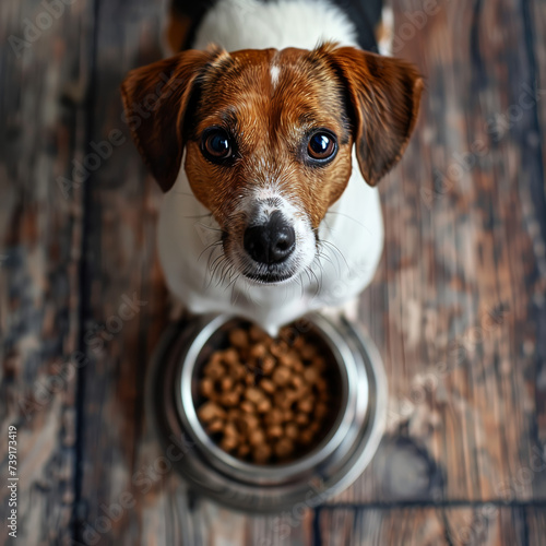An attentive Jack Russell Terrier looks up expectantly, waiting to eat from a full bowl of dog food on a wooden floor