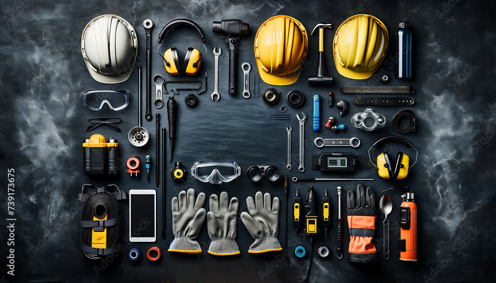 A flat lay image of various Industrial safety equipment A flat lay image of various Industrial safety equipment