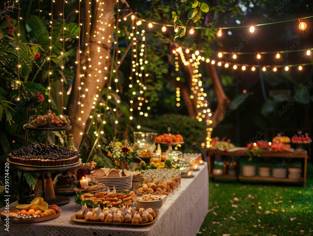Elegant garden party setup with fairy lights and a buffet table Elegant garden party setup with fairy lights and a buffet table
