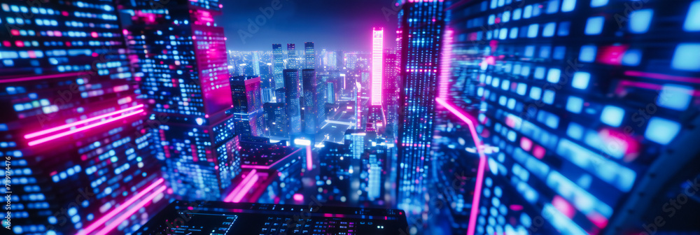 Fototapeta premium Urban Night Glow, A Spectacular View of the Citys Pulse, Illuminated by the Advances of Modern Technology
