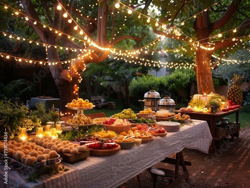 Elegant garden party setup with fairy lights and a buffet table