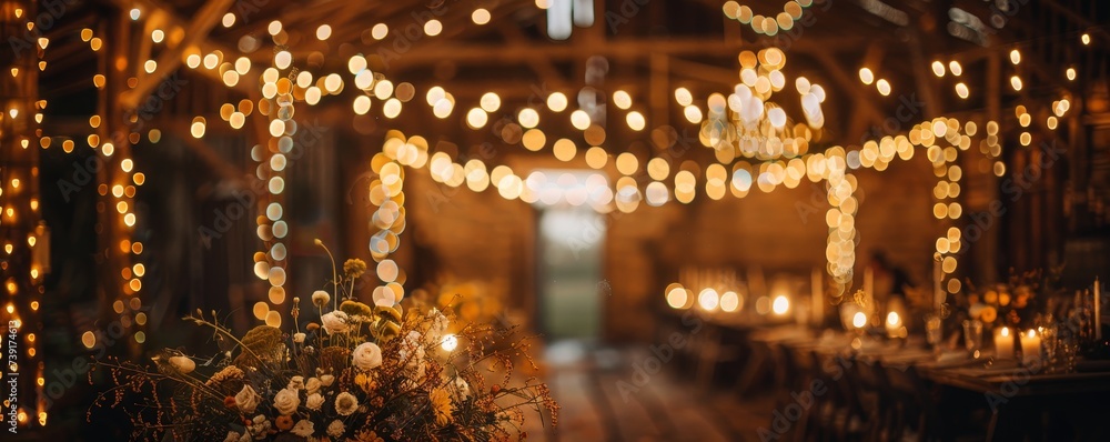 Fairy lights twinkle at a rustic barn wedding, magical ambiance