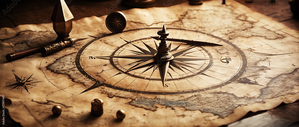 an ancient world map accompanied by a compass