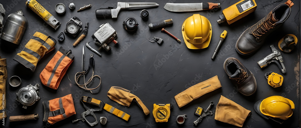 A flat lay image of various Industrial safety equipment A flat lay image of various Industrial safety equipment