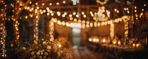 Fairy lights twinkle at a rustic barn wedding, magical ambiance photo