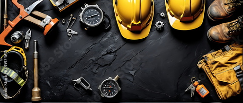 A flat lay image of various Industrial safety equipment