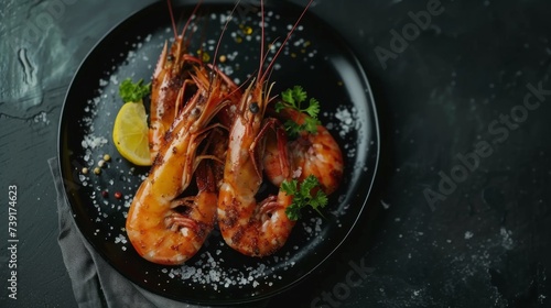 Beautiful shrimp dish on a black plate top view