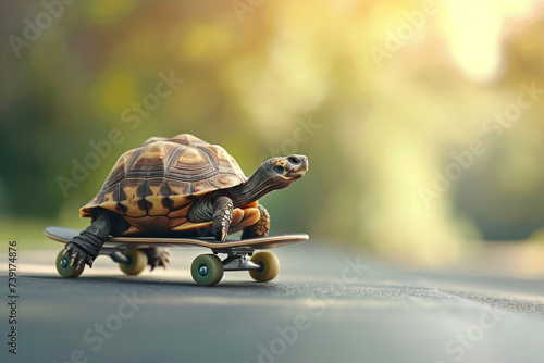 A large turtle on a skateboard in the park. Sports funny animals. Photos of funny animals. A cheerful turtle with his head and paws out is riding a skateboard on the road. Screensavers and wallpapers  photo