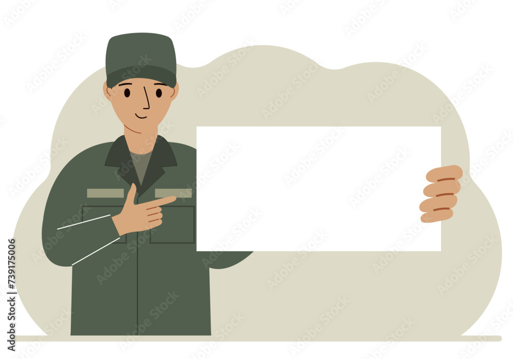A man in a military uniform is holding a large white sheet of paper that could be a place for text. Vector A man in a military uniform is holding a large white sheet of paper that could be a place for text. Vector