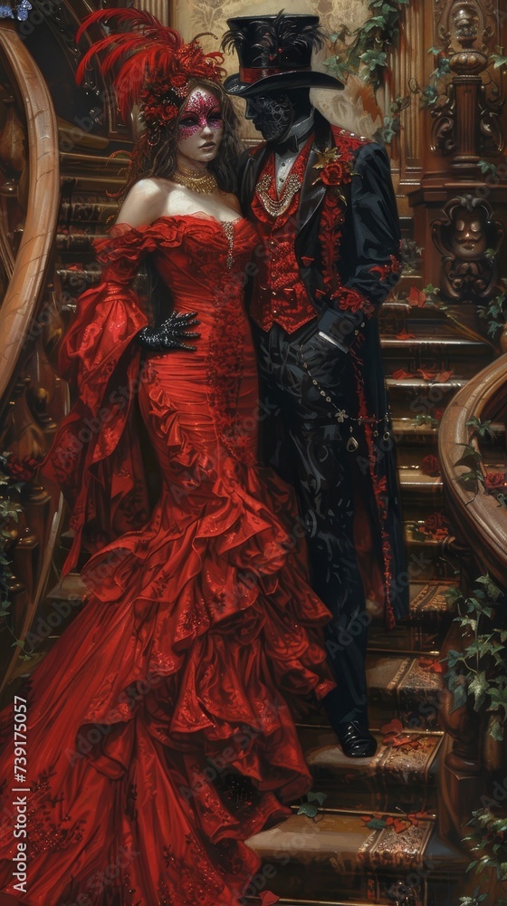Masquerade ball with elaborate costumes and grand staircase
