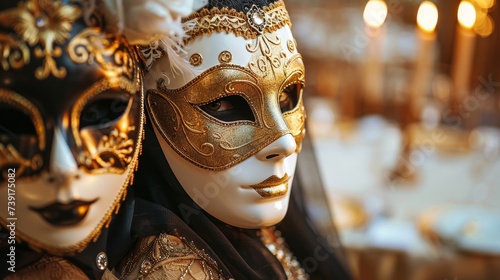 Masquerade masks and elegant attire at a ballroom gala © Fokasu Art