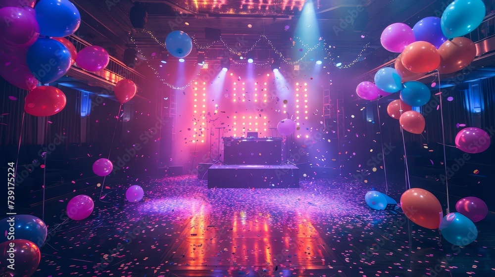 Obraz premium Neon-lit dance floor with DJ booth, vibrant balloons, and confetti