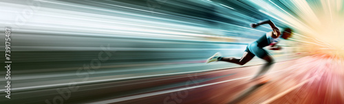Dynamic widescreen banner of a runner with motion blur and converging lines in central perspective, with space