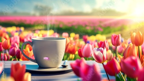 Coffee cup in tulip garden.  Seamless looping time-lapse 4k video animation background photo
