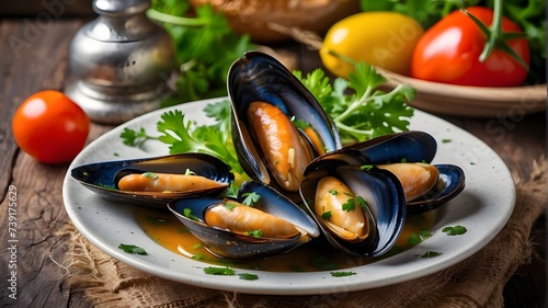 Mouthwatering mussels on a platter or soup against a gorgeous backdrop of vegetables
