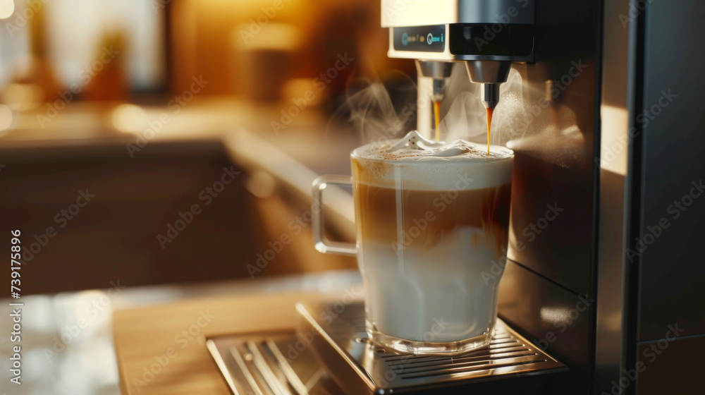 Coffee machine making caffe latte  - obrazy, fototapety, plakaty 