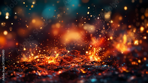 Abstract fire background with hot sparks rising from a fire in the night sky photo