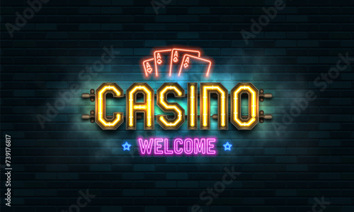 Casino logo with neon signs on brick wall background. Vector illustration.