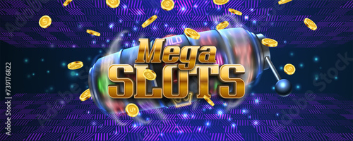 Mega Slots. Slot machine with gaming symbols and golden coins on a bright background. Vector illustration.