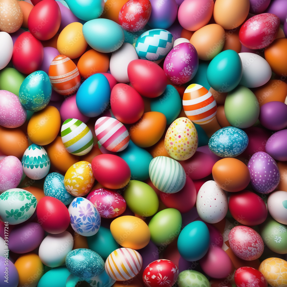 Abstract background of colorful, varied eggs.