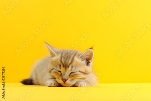 Cat lying on a beautiful yellow background Space for text. Concept Cat Photography, Yellow Background, Space for Text