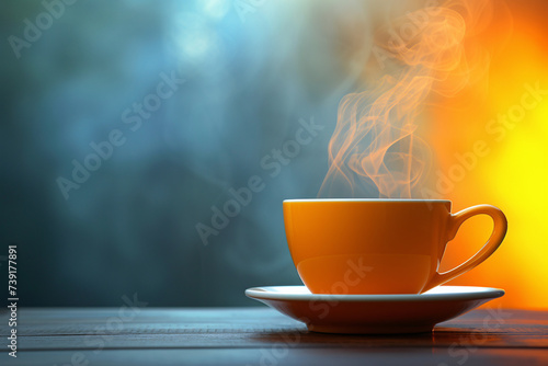 Hot tea in yellow cup with steam on dark background with orange glow
