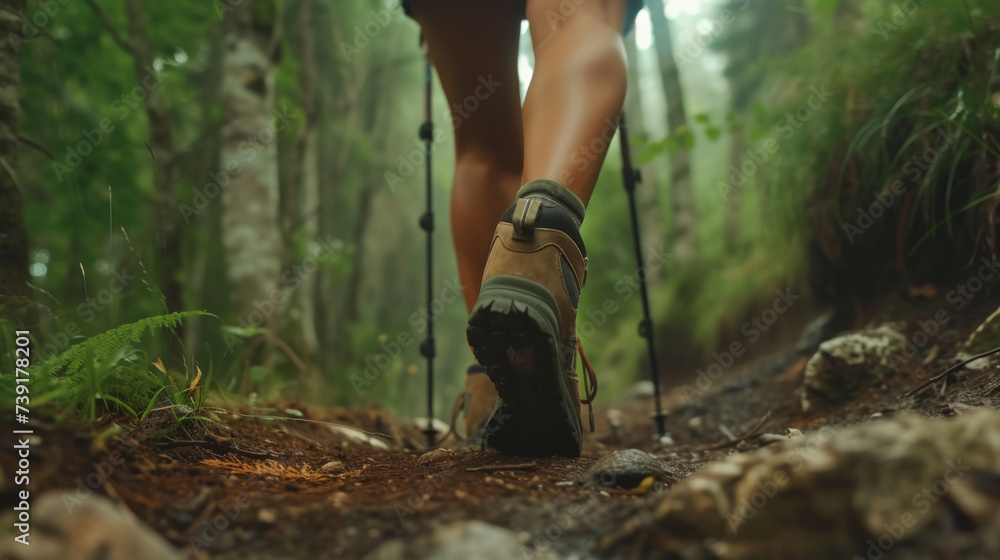 Female hiker feet walking outdoors in the forest Female hiker feet walking outdoors in the forest