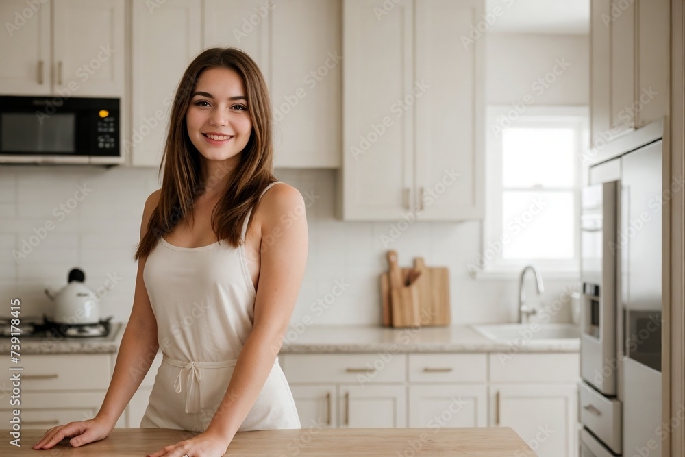 Beautiful young woman standing in the kitchen smiling and looking at the camera with copy space. Beautiful young woman standing in the kitchen smiling and looking at the camera with copy space.