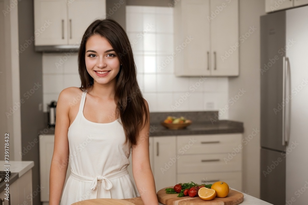 Beautiful young woman standing in the kitchen smiling and looking at the camera with copy space. Beautiful young woman standing in the kitchen smiling and looking at the camera with copy space.