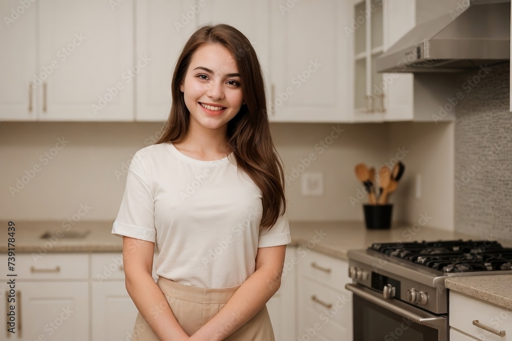 Beautiful young woman standing in the kitchen smiling and looking at the camera with copy space. Beautiful young woman standing in the kitchen smiling and looking at the camera with copy space.