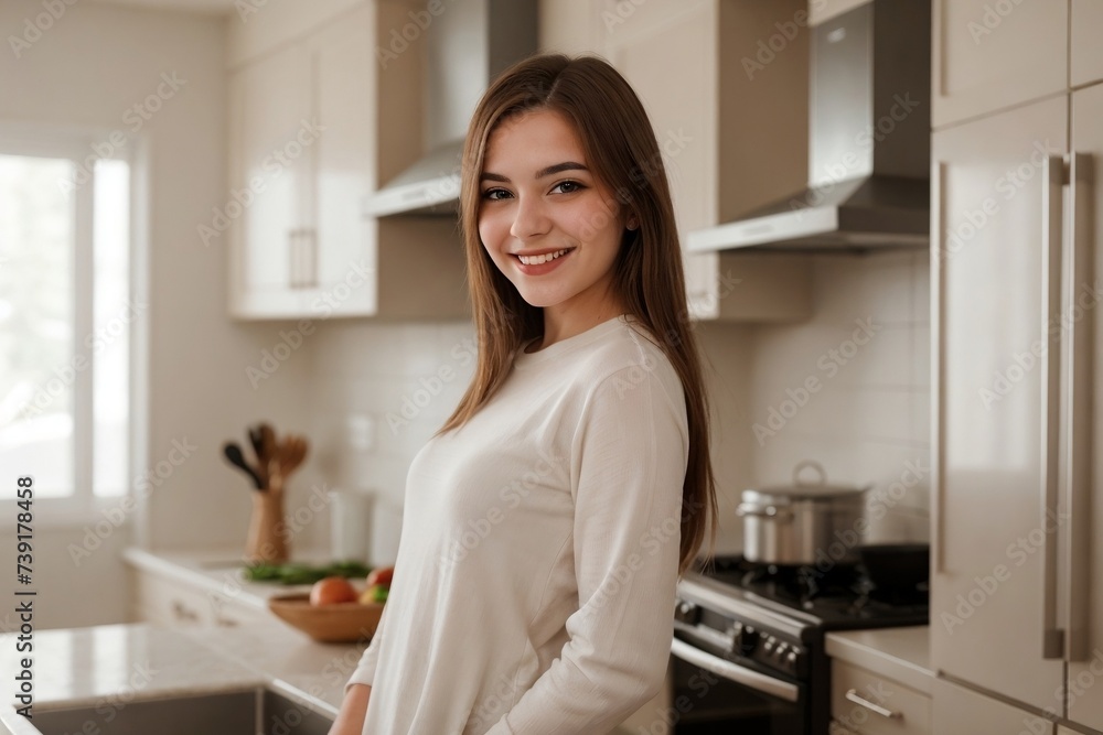 Beautiful young woman standing in the kitchen smiling and looking at the camera with copy space.