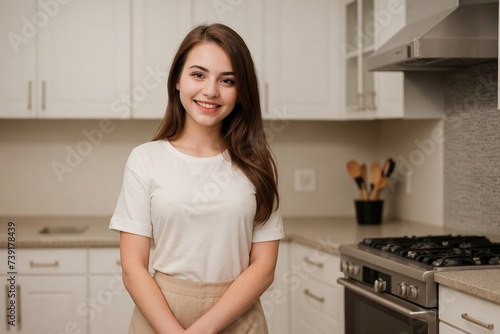 Beautiful young woman standing in the kitchen smiling and looking at the camera with copy space.